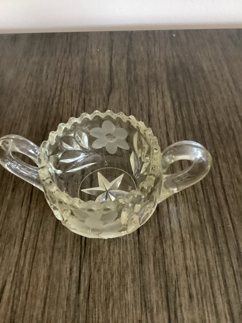Vintage Etched Glass Sugar Bowl with Handles - Pale Yellow